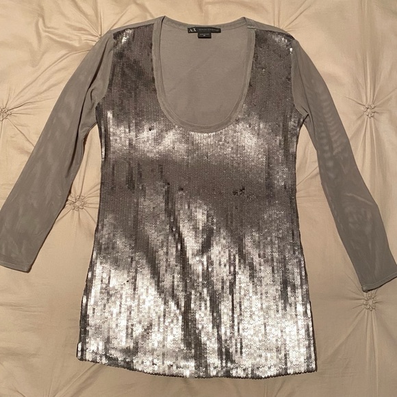 Armani Exchange Sequin Top with Mesh Sleeve - Picture 1 of 4
